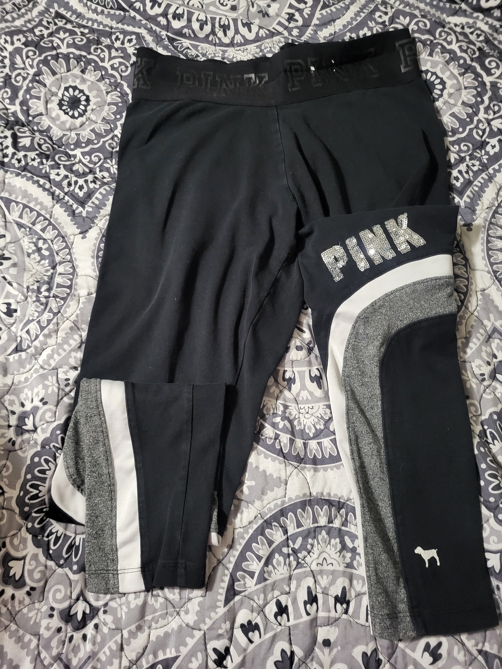 Victoria's Secret PINK Black Leggings with Gray and White Panels Capri